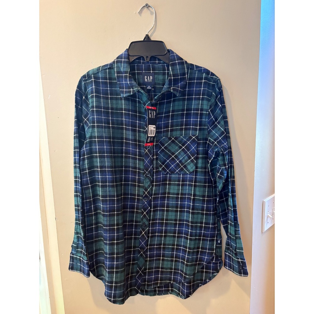 GAP Womens Relaxed Fit Flannel Shirt Green Navy Blue Plaid Cotton size XS New